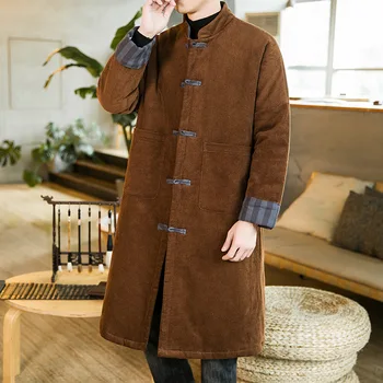 2 цвета, винтажный мужской костюм с длинным рукавом в китайском стиле, плотный хлопок и лен, осенне-зимнее пальто Hanfu на пуговицах, модная теплая рубашка