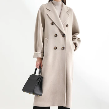 2021 Осенне-зимнее Шерстяное пальто средней длины, однотонные Двубортные хлопковые пальто, Свободное Повседневное пальто с поясом