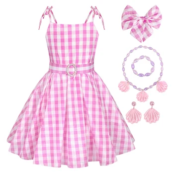 2023 Новый Розовый костюм для девочек, Костюм для ролевых игр в кино, Детское праздничное Платье на Хэллоуин, Клетчатое платье + Аксессуары