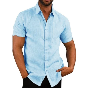 2023New Лидер продаж, Мужские льняные рубашки с короткими рукавами, Летняя однотонная мужская одежда в пляжном стиле с отложным воротником, большие размеры