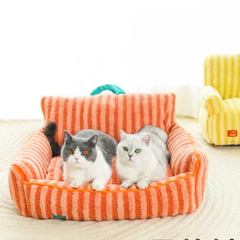 ADECHOO Милый Кошачий диван для домашних животных Полосатая кровать для домашних животных Теплая кровать для кошек на все сезоны Универсальная съемная и моющаяся кровать для собак