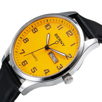 BERNY Классические кварцевые мужские часы MIYOTA 2105 Дата, Натуральная кожа, Деловые Модные мужские наручные часы, водонепроницаемые часы для мужчин