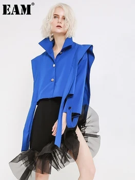 [EAM] Свободный крой, Голубая лента, Короткая куртка Большого размера, Новое женское пальто с отворотом и длинным рукавом, Мода Tide Весна-Осень 2023 JH360