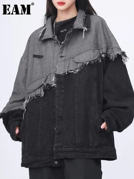 [EAM] Свободный Крой, Черная куртка с цветным блоком, Большой Размер, Новое Женское пальто с Отворотом и Длинным рукавом, Модное Пальто Tide, Весна-Осень 2023 1DF6803