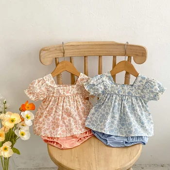 INS, одежда для новорожденных девочек 0-3 лет, Топы с коротким рукавом и квадратным воротником в цветочек + Шаровары, шорты, Комплект летней одежды из 2 предметов