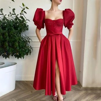 LSYX Красное винтажное атласное вечернее платье с пышными рукавами и квадратным вырезом на пуговицах для женщин, платье для выпускного вечера длиной до щиколоток с высоким разрезом