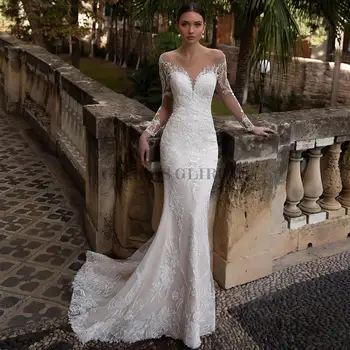 Mermaid Wedding Dresses For Illusion Button Back Gown Lace Applique свадебное платье Vestidos De Novia