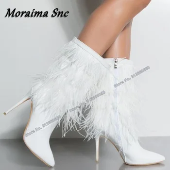 Moraima/ Белые женские ботинки с меховым декором на боковой молнии, однотонные модные туфли для подиума с острым носком, свадебные женские туфли на каблуке