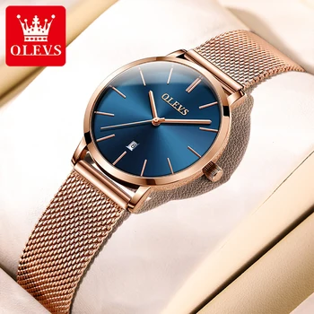 OLEVS Повседневные модные кварцевые женские часы с простым дисплеем календаря, тонкий циферблат, сетчатый ремешок из розового золота, Водонепроницаемые часы для женщин
