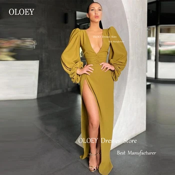 OLOEY Sexy, Глубокий V-образный вырез, Арабские женские Вечерние платья с Разрезом, Пышные Длинные Рукава, Дубайские Вечерние платья для выпускного Вечера, Платье для мероприятий