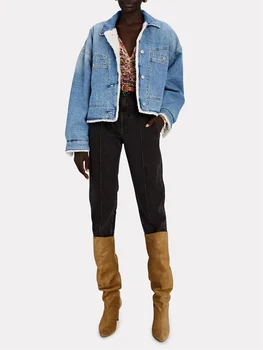 Traf 2023 Женская джинсовая куртка из чистого хлопка, сшитая из тертого бархата, свободное повседневное женское пальто, одежда y2k, новый модный топ, бюстгальтер