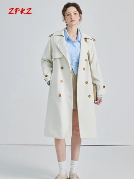 ZPKZ Не совсем белый Двубортный женский тренч, Повседневная куртка, Новое стильное свободное пальто в британском стиле с длинными рукавами