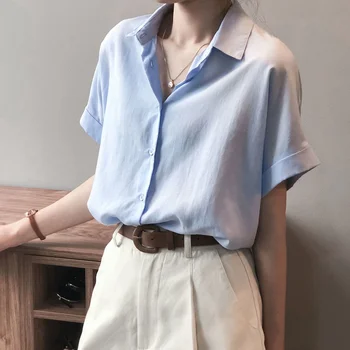 Белая рубашка Yihua, женская летняя рубашка с тонким разрезом, шикарный дизайн, нишевый топ, шикарная рубашка поло с воротником-стойкой и короткими рукавами, французская свободная