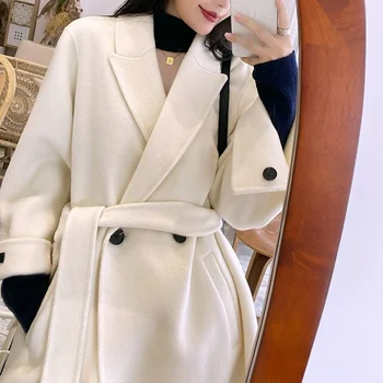 Белое двубортное прямое двустороннее кашемировое пальто средней длины из 100% шерсти, новое осенне-зимнее женское