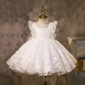 Белое платье для девочек с цветочным узором в иностранном стиле, детское вечернее платье подружки Невесты, платье для Крещения годовалого ребенка, Пасхальное платье