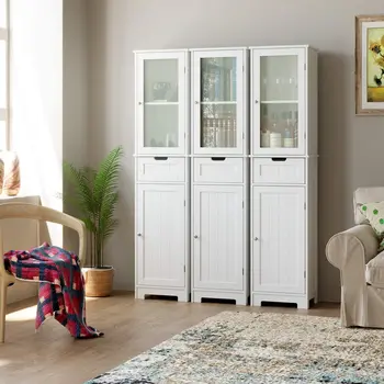 Высокий шкаф Homfa со стеклянной дверцей и полками, шкафы для гостиной, Высокий шкаф для хранения вещей, шкаф для ванной комнаты, домашняя мебель, Белый