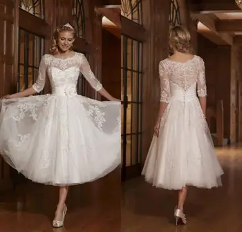 Высококачественное Винтажное Платье Crew 3/4 с Длинным рукавом длиной до чая, Белое Короткое Свадебное платье, Кружевные Свадебные платья с цветами на заказ