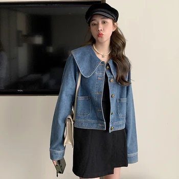 Женская Модная Короткая джинсовая куртка 2023, Весна-Осень, Элегантное Милое Свободное Повседневное пальто с воротником 