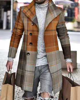 Клетчатое мужское пальто 2022, Новое пальто, тренч, шерстяное пальто с бортиками для мужчин, mens