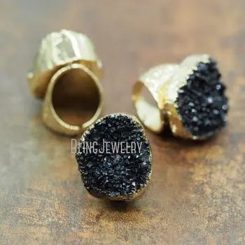 Кольцо-манжета RM5764 черного цвета с кристаллами друзы, гальваническое кованое кольцо