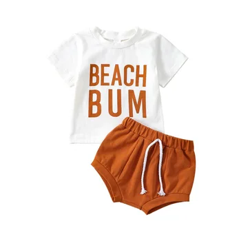 Комплекты Летней одежды Для новорожденных мальчиков, Белые топы с короткими рукавами и буквенным принтом + однотонные шорты на шнурке 0-24 м