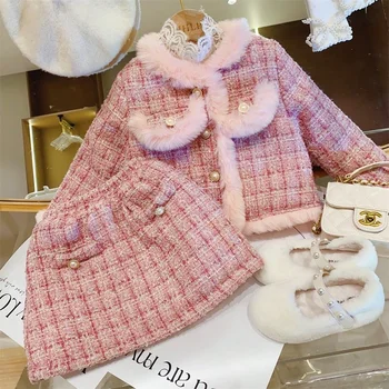Куртка-юбка для девочек, Комплекты из 2 предметов, Элегантный Маленький Ароматный Костюм Принцессы из Плотного Хлопка, Новинка Зимы 2023, Розовое Теплое Пальто, Комплекты