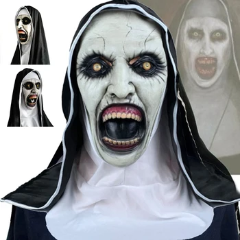 Латексная маска Ужасной Монахини С Головным Платком Valak для Косплея на Хэллоуин, Маскарадный костюм для Лица с Головным убором