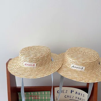 Летняя Детская соломенная шляпа с большими полями и этикеткой, Детская панама, Кепки для девочек и мальчиков, солнцезащитная шляпа