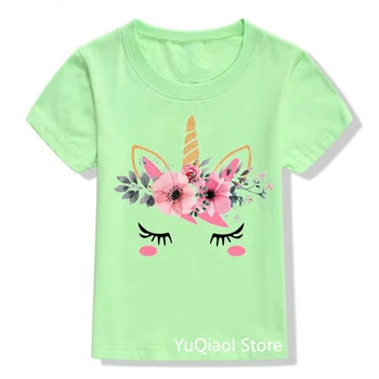 Милая футболка с цветочным рисунком и Единорогом, Детская одежда для детей, Летняя зеленая футболка, Одежда для маленьких девочек, Camisetas, Футболка на Заказ, Оптовая продажа