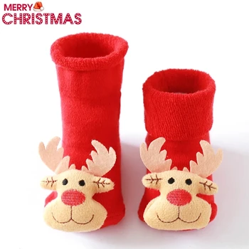 Милые рождественские носки для новорожденных с изображением лося, Санта-Клауса, Рождественской елки для малышей, носки для новорожденных, толстые теплые противоскользящие носки для мальчиков и девочек