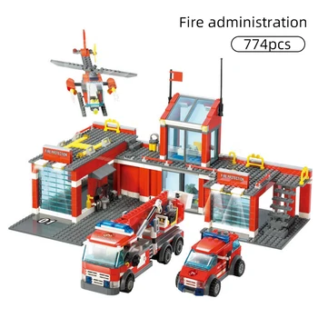 Модель городской пожарной станции, строительные блоки, автомобиль, вертолет, Пожарный, грузовик, просветленные кирпичи, игрушки для детей, Малыш