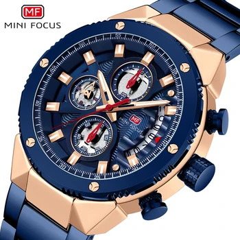 Модные кварцевые часы MINI FOCUS темно-синего цвета для мужчин, водонепроницаемые часы с хронографом, роскошный ремешок из нержавеющей стали, деловые наручные часы