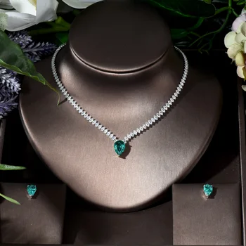 Модный Светло-зеленый комплект из 2 предметов, ожерелье и серьги с кубическим цирконием в виде капли воды, Женский комплект бижутерии для Помолвки, N-1022