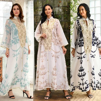 Мусульманское платье-Абайя, женское платье с вышивкой пайетками, Дубайское Повседневное Свободное Открытое кимоно-Абайя, Турецкая исламская вечерняя одежда