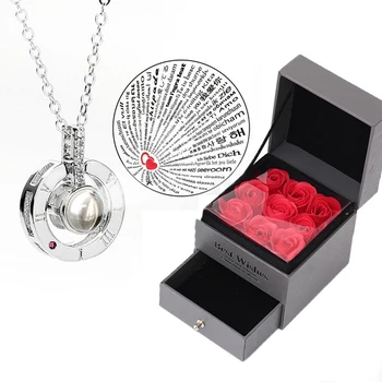 Мыльная пена в форме красной розы, шкатулка для ювелирных изделий, ожерелье на 100 языках 