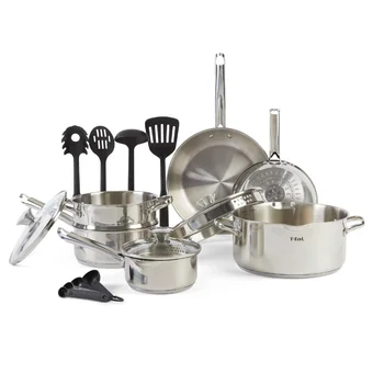 Набор посуды T-fal Cook & Strain из нержавеющей стали, набор из 14 предметов, можно мыть в посудомоечной машине, набор посуды с антипригарным покрытием