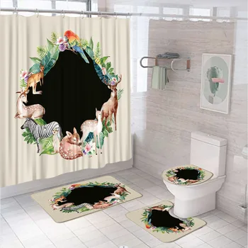 Наборы занавесок для душа с пятнистым оленем, Зеброй, попугаем, тропическими животными, зелеными листьями, цветочными занавесками для ванной комнаты С ковриком для ванны, крышкой для унитаза