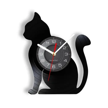 Настенные часы с Силуэтом Сидящего Кота, Часы с виниловой пластинкой, Уникальный Подарок для Любителей кошек, Домашний декор для кошек, Искусство виниловой пластинки
