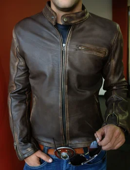 Новая мужская байкерская винтажная мотоциклетная потертая коричневая кожаная куртка Cafe Racer