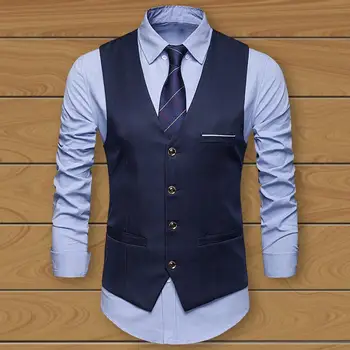 Новый мужской костюм, жилет, однотонный, приталенный, с V-образным вырезом, Классическая уличная одежда в Корейском стиле, осенний однобортный жилет