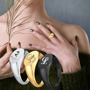 Овальное кольцо-печатка, женские кольца из нержавеющей стали, ювелирные изделия с выгравированным инициалом на мизинце