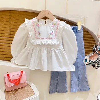 Одежда для девочек, костюм принцессы из 2 предметов, осенние комплекты для новорожденных, милая кружевная рубашка с длинными рукавами и вышивкой + брюки