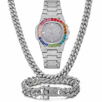 Ожерелье + часы + браслет хип-хоп Майами кубинская цепочка золотые часы мужские красочные обледеневшие стразы Bling женские мужские ювелирные часы