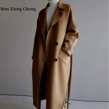 Осенне-Зимнее Длинное Шерстяное пальто, Повседневная шерстяная куртка, женское пальто, Женская Корейская Свободная Верхняя одежда из смеси шерсти, Шерстяное пальто, бесплатная доставка