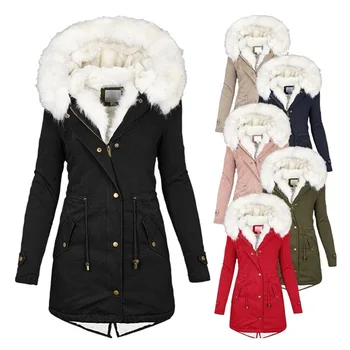 Осенне-зимний тренч средней длины, Женский плащ с меховым воротником и капюшоном, Плюшевое женское пальто, однотонная облегающая куртка Colro, тренчкот