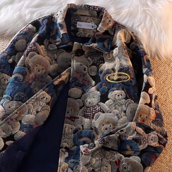 Осенне-зимняя Модная Повседневная мужская и женская однобортная куртка с отворотом и милым принтом медведя, новинка 2022 года, женская одежда
