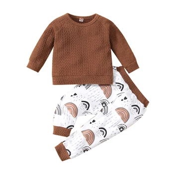 Осенний комплект одежды для малышей, однотонные топы с длинными рукавами и круглым вырезом + брюки с эластичным поясом и радужным принтом