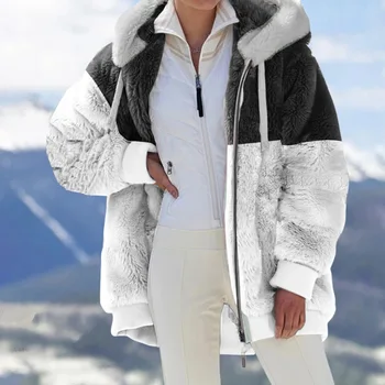 Осень/Зима 2023, Плюшевые куртки для женщин, Лоскутное Пальто с карманом на цепочке, Свободное Пальто с капюшоном, Женская куртка
