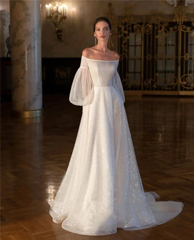 Очаровательное блестящее свадебное платье трапециевидной формы 2022 С открытыми плечами, пышными длинными рукавами и шлейфом, блестящие свадебные платья на заказ