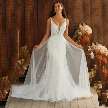 Платье невесты с V-образным вырезом и открытой спиной, Элегантное платье без рукавов из винтажного тюля, иллюзионное Кружевное платье-труба, вечернее платье, свадебные платья